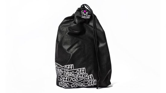 Zwarte stoffen tas met herhalend wit Muc-Off logo aan de onderkant.