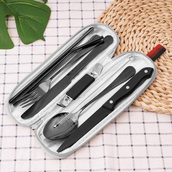 Camping Bestekset 9-delig - RVS Reisbestek - Inclusief Draagtas, Rietje, Reinigingsborstel & Flesopener - Zwart - Voor Kamperen, Reizen, Picknick & Outdoor — afbeelding 3