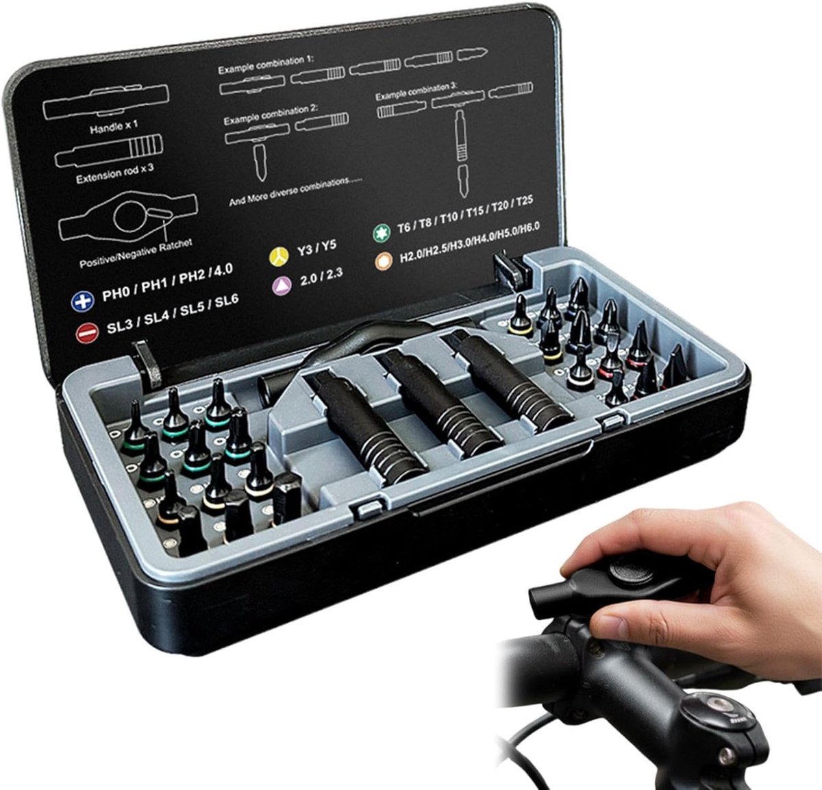 Ratelschroevendraaierset - T-handgreep set - Meubelmontage - 24-in-1 bits - 16x8.8x3cm - Grijs