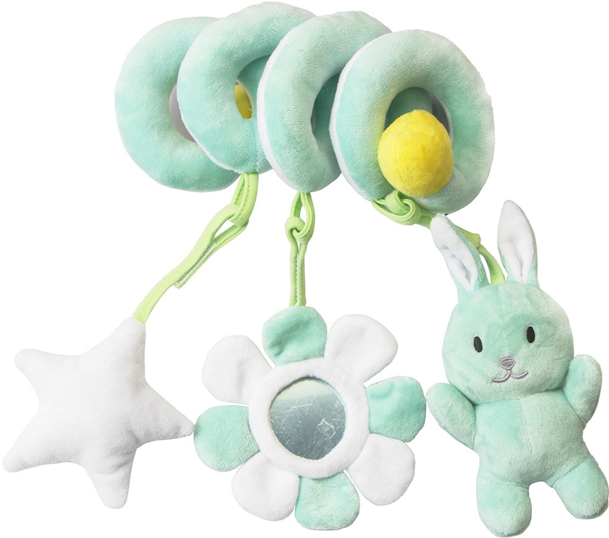 COOAU - Boxspiraal Baby Speelgoed - Pluchen Knuffel met Rammelaar voor Kinderwagen, Autostoel & Buggy - Sensorisch Speelgoed voor Baby's van 0-6 Maanden - Unisex - Zacht & Veilig - Groene Konijn
