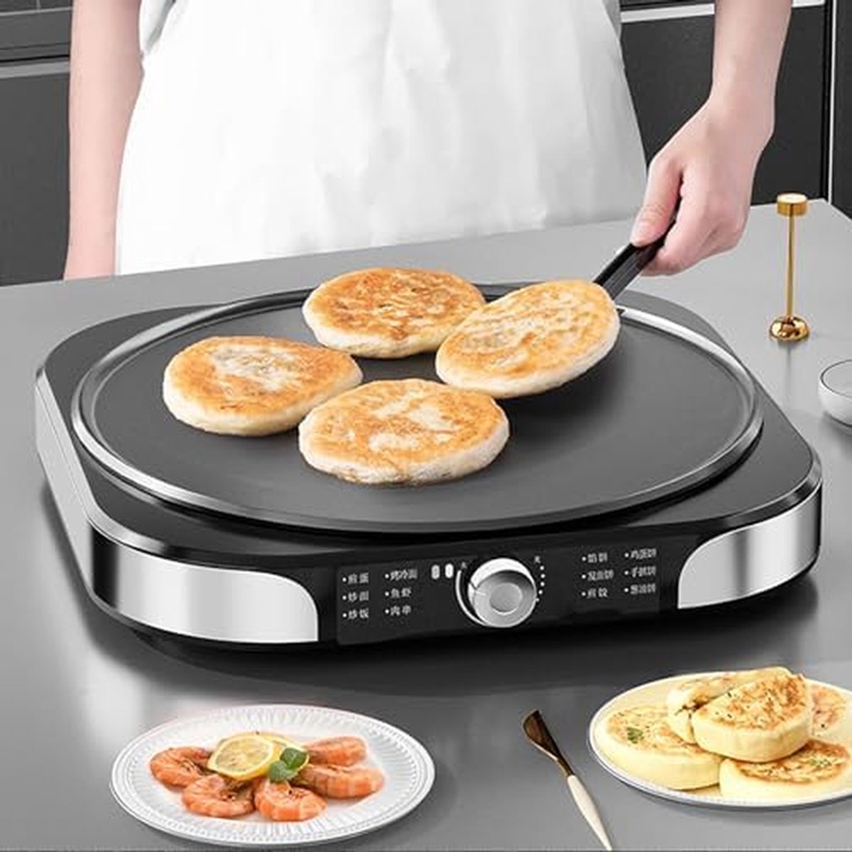 Elektrische Crêpemaker - Bakplaat Koekenpan - Snelle Maaltijden - Onbeperkte Temperatuurregeling - 40 cm Kookoppervlak - Zilver