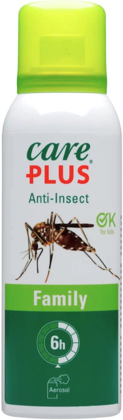 Care Plus Anti-Insect Family 6h aerosol met groene dop, met afbeelding van een mug.