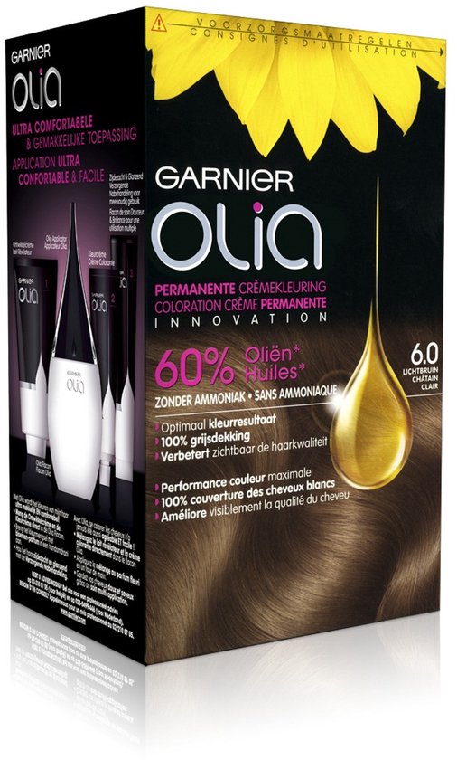 Emballage Garnier Olia 6.0 Blond Clair avec une goutte d'huile et un tournesol.