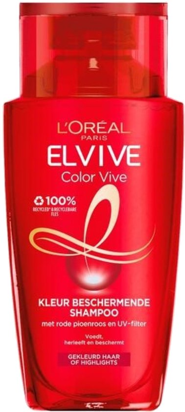Rode fles Elvive Color Vive shampoo. Met 100% recyclebare fles logo. De tekst is 'Kleur Beschermende Shampoo'.