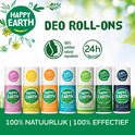 Overzicht van Happy Earth deo roll-ons in verschillende geuren.