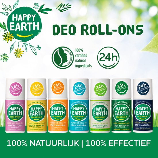 Overzicht van Happy Earth deo roll-ons in verschillende geuren.