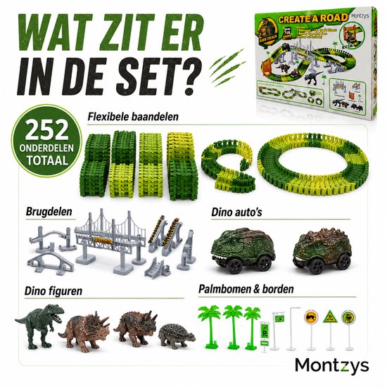 Montzys® Dinosaurus Racebaan - 252 Delige Autobaan - Dino Speelgoed Elektrisch - Flexibele Auto Racetrack - Sinterklaas & Kerst Cadeau Voor Kinderen