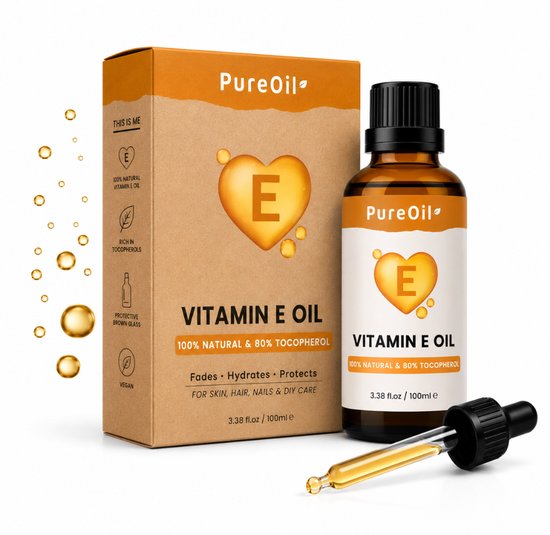 Doosje en flesje PureOil Vitamine E Olie, met pipet.