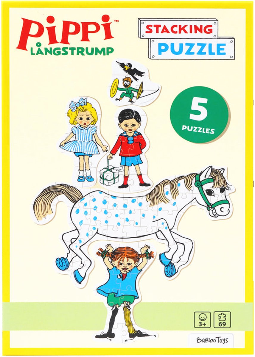 Barbo Toys - pippi langkous stapelpuzzel 5 puzzels 69 stukjes - ontworpen in denemarken - educatieve legpuzzel - puzzel voor jongens en meisjes - multicolor - vanaf 3 jaar