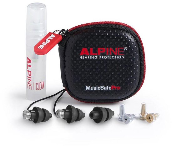 Alpine MusicSafe Pro verpakking: etui, oorpluggen, filters en reinigingsspray.