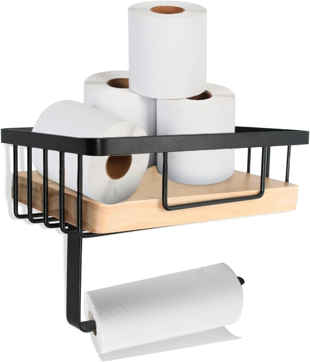 Wandmontage Toiletpapierhouder met Plank, Houten en Metalen Design, Rustieke Badkameraccessoires, 19.5 x 12 cm, Zwart, Geschikt voor Kleine Ruimtes en Organisatie