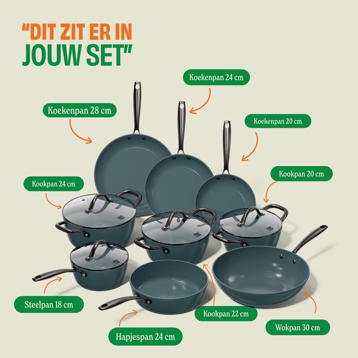 Cook & Pan 9-Delige Pannenset Slate - PFAS vrij - Alle Warmtebronnen - Pannen Set met 7 jaar Garantie - Krasbestendige Anti Aanbaklaag - Vaatwasserbestendig - Gas, Inductie, Elektrisch, Oven - Koekenpan, Wokpan, Steelpan, Hapjespan, Kookpot - Blauw – foto 8