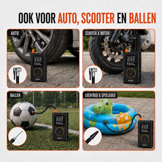 FÍNT® Elektrische Fietspomp - Luchtcompressor - voor Fiets, Scooter, Motor en Auto - Elektrische Bandenpomp - Oplaadbaar & Draagbaar - Bandenpomp - Compressor - Tot 10.3 Bar - Incl. Opbergzakje en Powerbankfunctie - PRO van FÍNT® — afbeelding 5