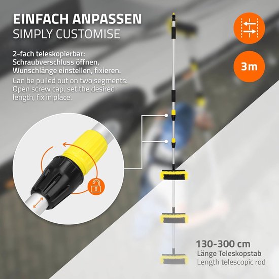 Autowasborstel - Lange steelborstel - Voertuigen reinigen - Uitschuifbaar met water - 130-300 cm - Zwart Geel — afbeelding 2