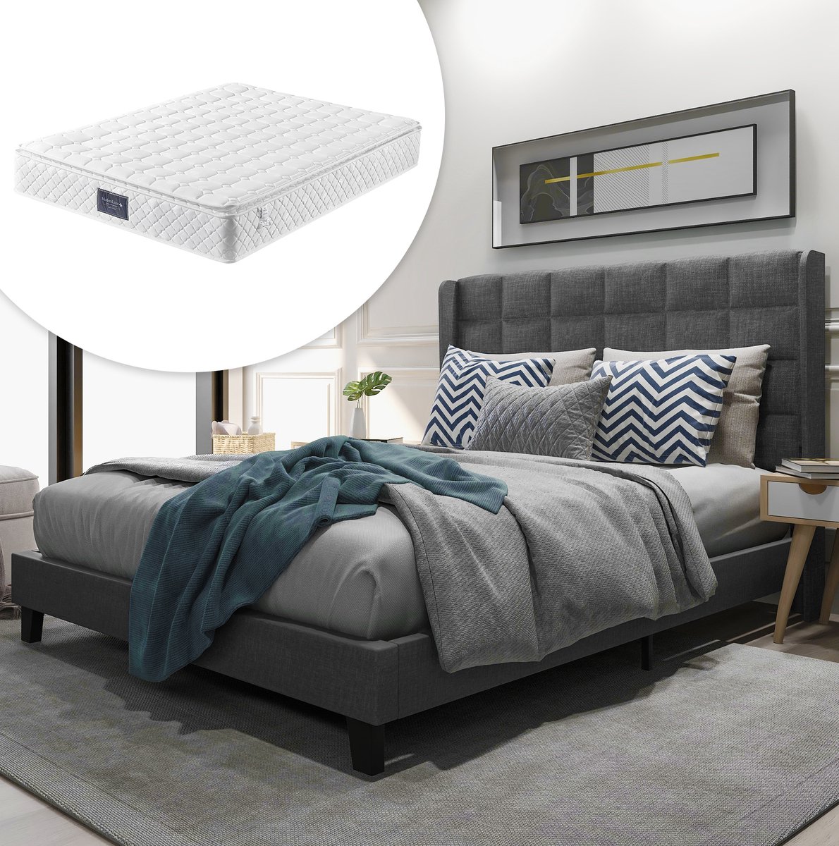 MEUNIQ tweepersoonsbed 140x200 cm met lattenbodem en pocketveringmatras, gestoffeerd bed met hoog hoofdbord, zwart metalen poten, slaapkamer, grijs