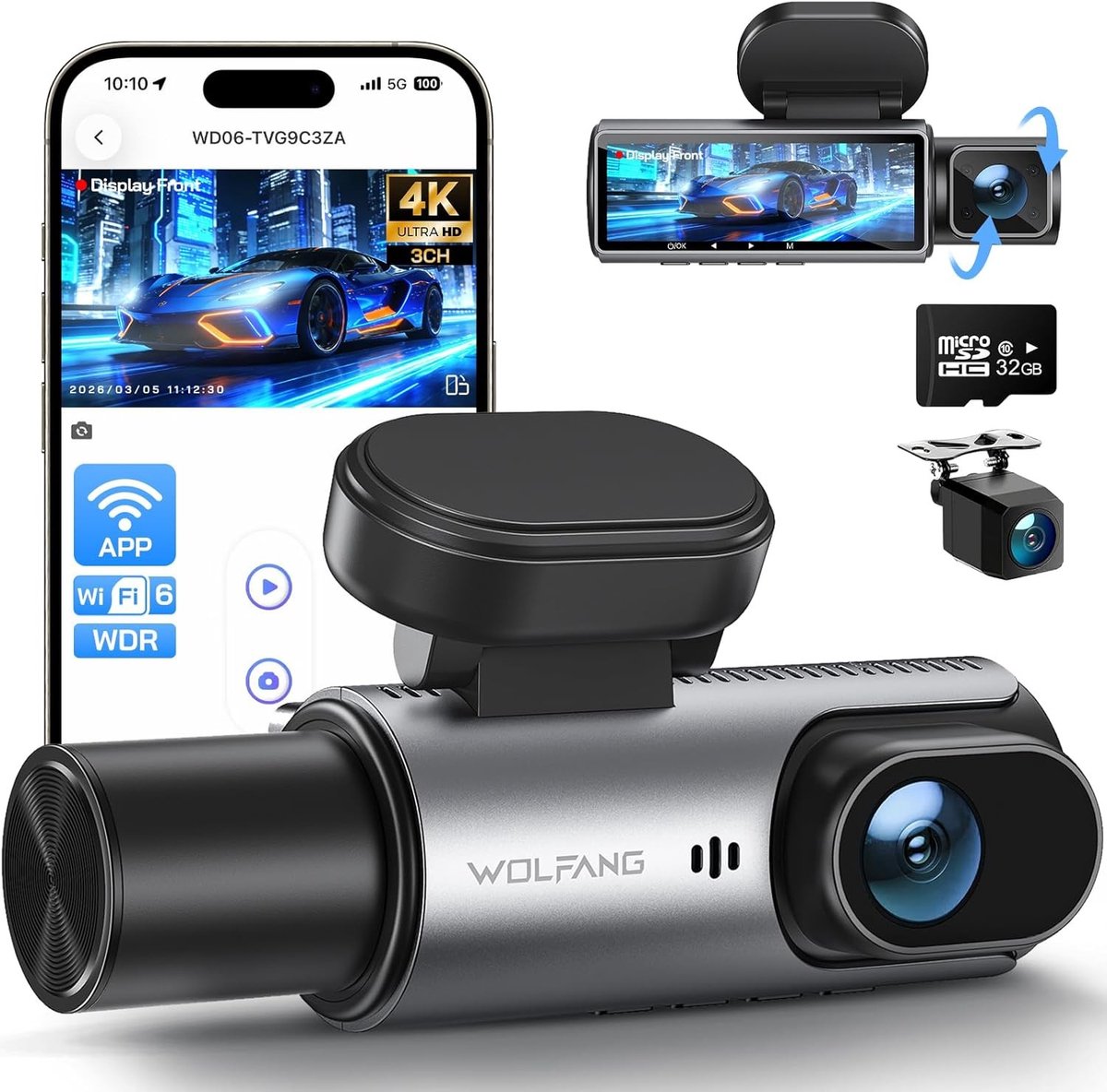 3-kanaals Dashcam - 4K Resolutie - Super Nachtzicht - Ingebouwde Wifi - Voor Auto's