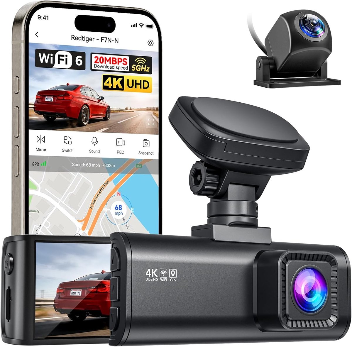 Dashcam Auto Voor en Achter - 4K UHD - WiFi 5.8GHz - GPS - Nachtzicht - 24 Uur Parkeerbewaking