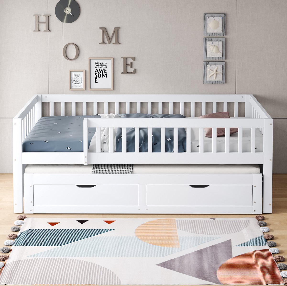 MEUNIQ slaapbank 90x200 cm met uitschuifbed, 2 lades, veiligheidshek en lattenbodem, eenpersoons bed voor kinderkamer, tienerkamer of logeerkamer, wit