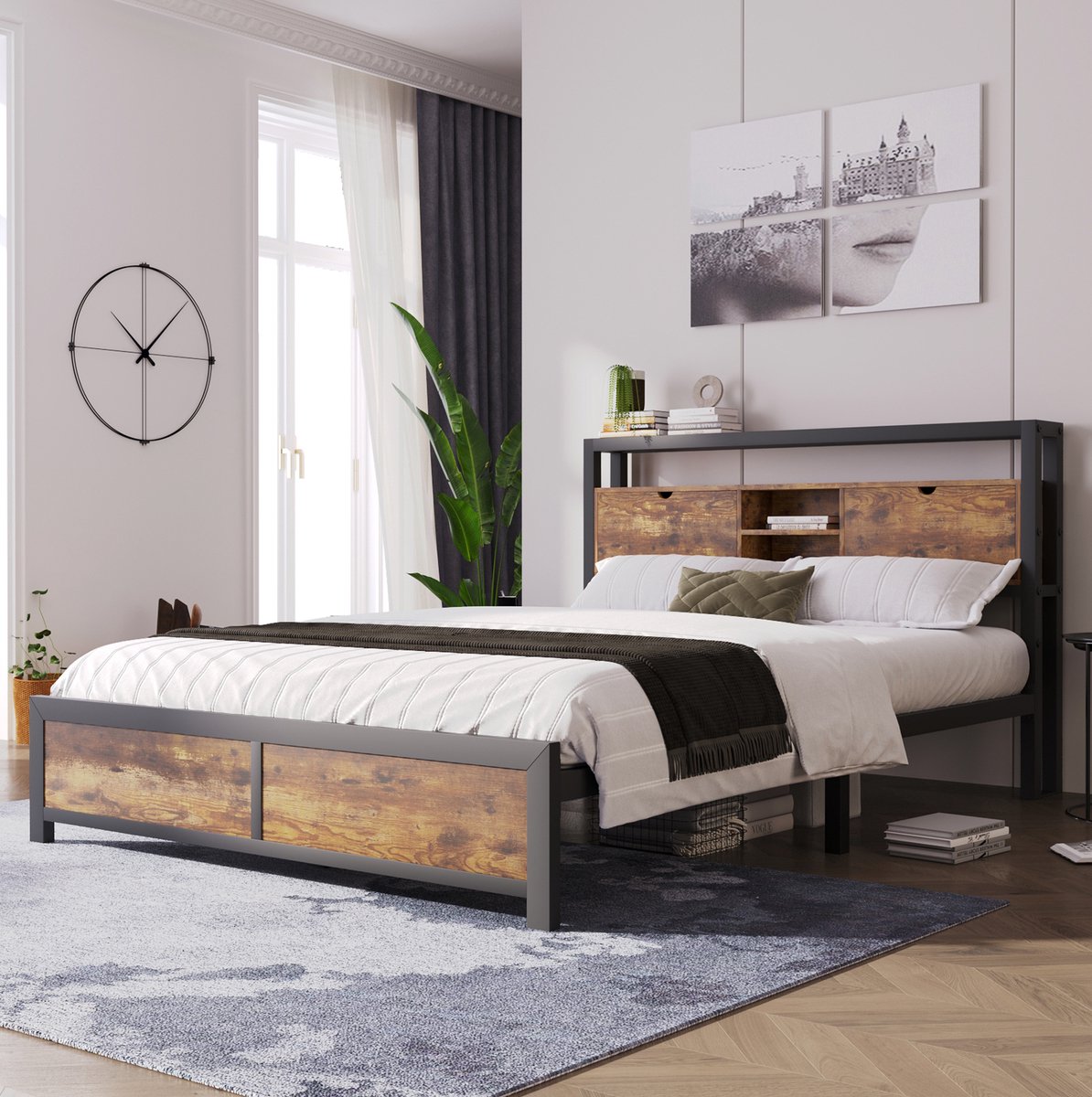MEUNIQ metalen bedframe 140x200 cm met opbergkopbord en lattenbodem, tweepersoons bed met 26,5 cm ruimte onder het bed voor slaapkamer, naturel Zwart