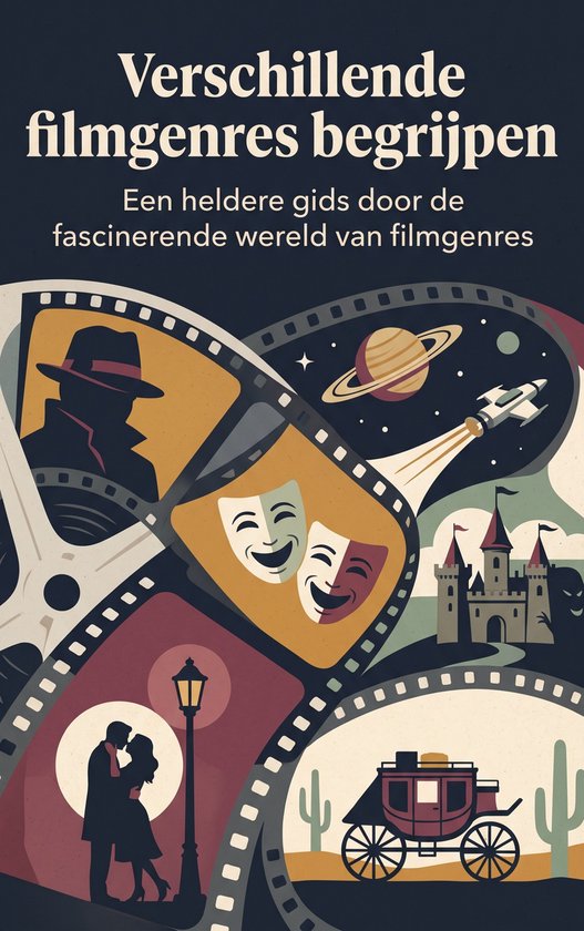 Boekcover met de titel 'Verschillende filmgenres begrijpen'. Bevat filmstrips met scènes uit diverse genres: film noir, romantiek, western, kasteel, ruimte.