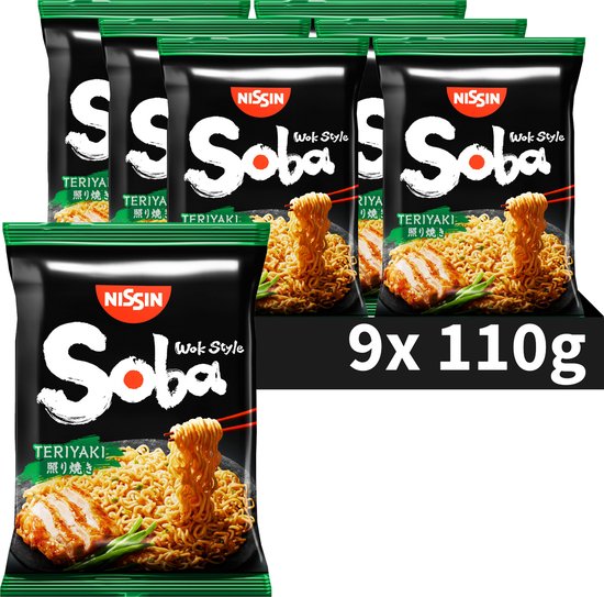 Verpakking met 9 zakjes Nissin Soba Wok Style Teriyaki noedels, 110g per stuk.