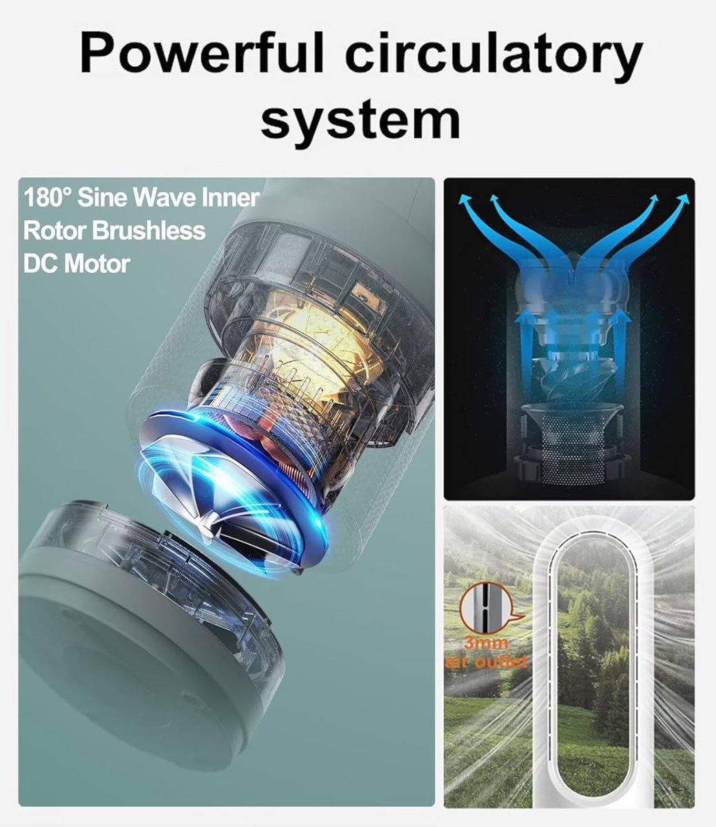Staande Ventilator - Torenmodel - Verkoeling en Warmte - Bladloos Ontwerp - 90 Graden Oscillatie - Wit Zilver – foto 4