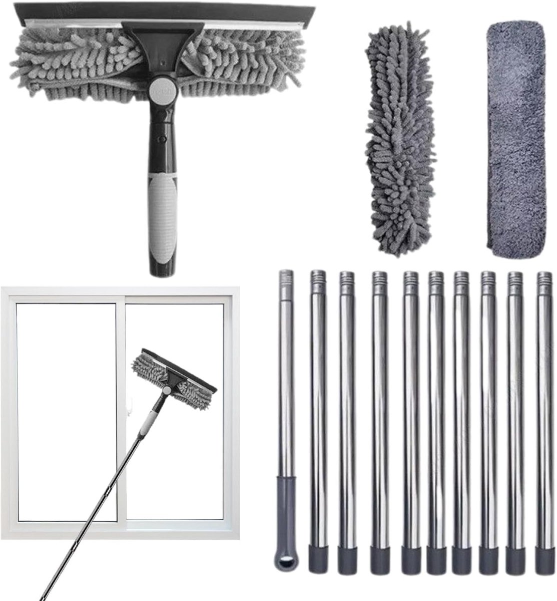Raamwisser Kit - Schoonmaakgereedschap - Ramen Zemen - 2-in-1 Functie - Verstelbare Lengte - Grijs