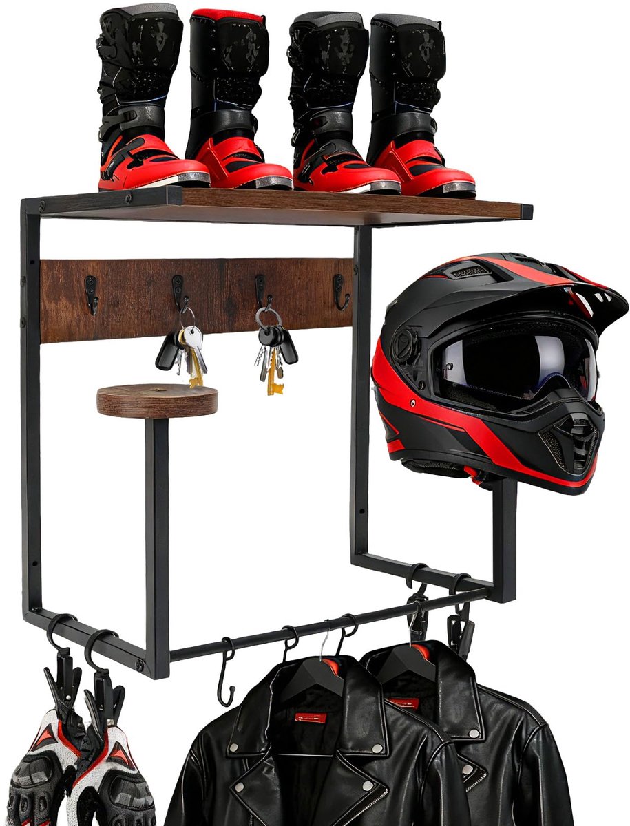 SnelShoppen - GHWMYD Helm Houder Wandhouder Motorhelmhouder met Houten Plank, 2 Helmstandaarden, 4 Clips en 9 Haken voor Motorfiets, Voetbal en Fietsu