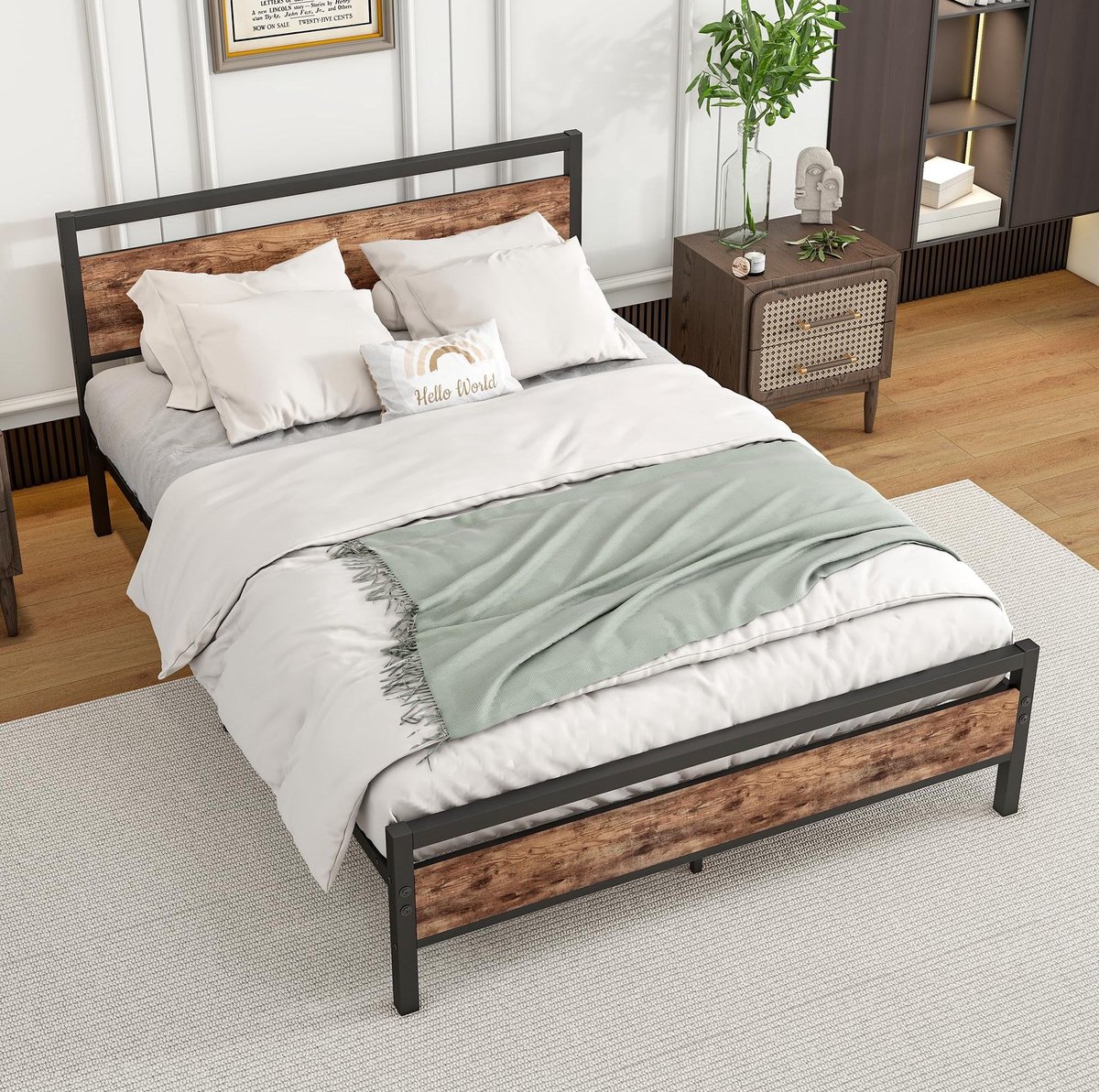 OKWISH Bed 140x200 cm - Met Lattenbodem en 27 cm Opbergruimte - Stabiel Metalen Frame met MDF Hoofd- en Voetbord - Zonder matras - Antiekbruin Antiek bruin