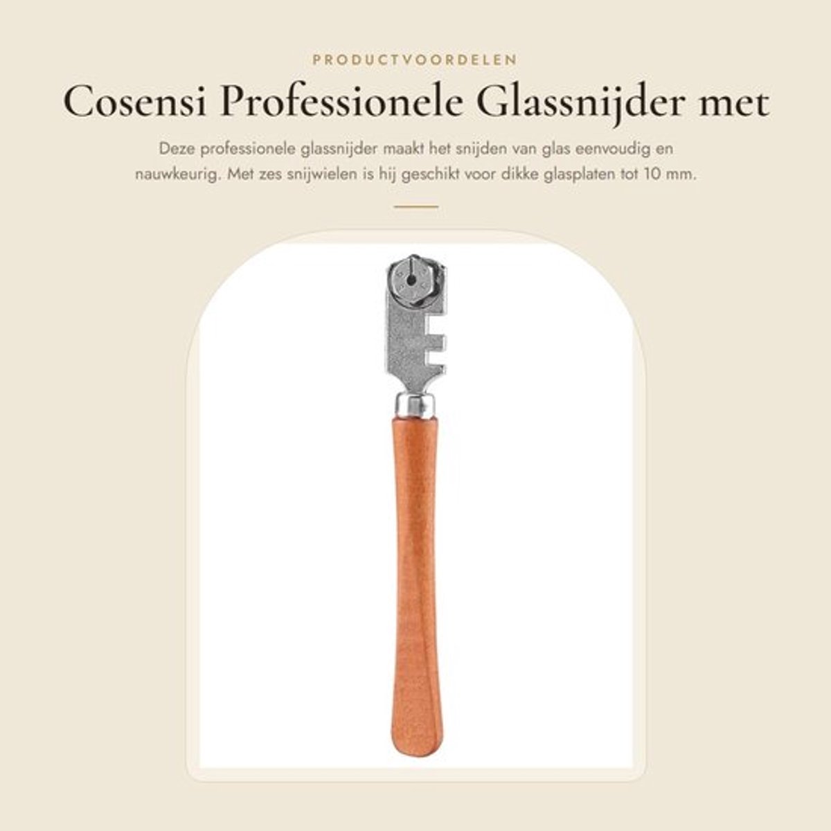 Glassnijder Professioneel - Ergonomische Houten Handgreep - 6-Voudige Snijwielen - Voor Dikke Glasplaten Tot 10 mm - Duurzaam Gebruik - Comfortabel en Nauwkeurig Werk - Glasgereedschap