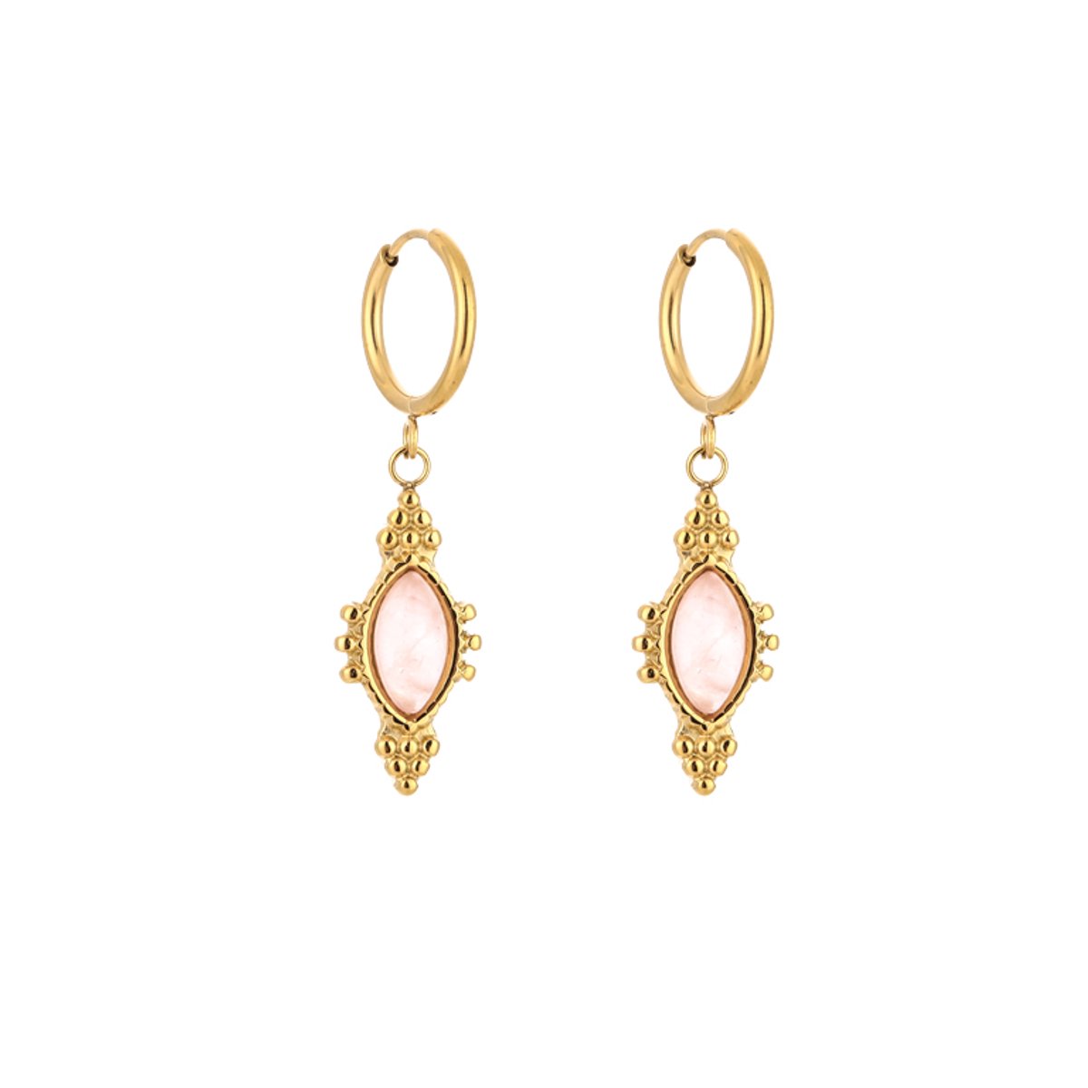 Stainless Steel Boho Natural Stone Charm Hoops – Luxe Boho Natuursteen Hanger Oorringen – RVS - Roze