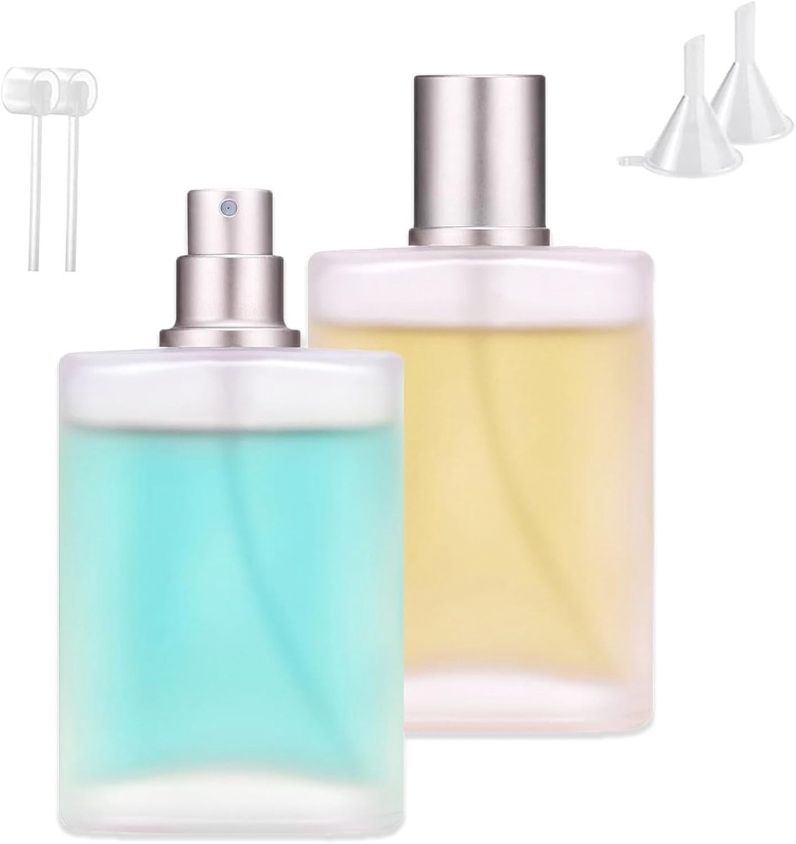 Set van 2 Draagbare Parfumatomizers, 50ml Frosted Parfumflessen, Navulbare Parfumflessen met Hulpmiddelen en Trechter, Perfect voor Vrouwen en Meisjes, Reisvriendelijk en Compact