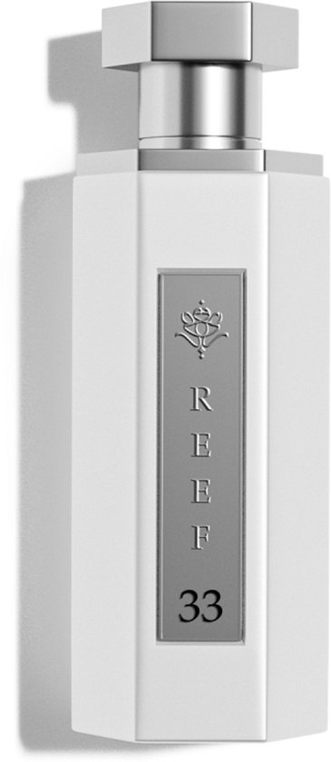 Witte parfumfles met zilveren dop en zilverkleurig label met 'REEF 33'.