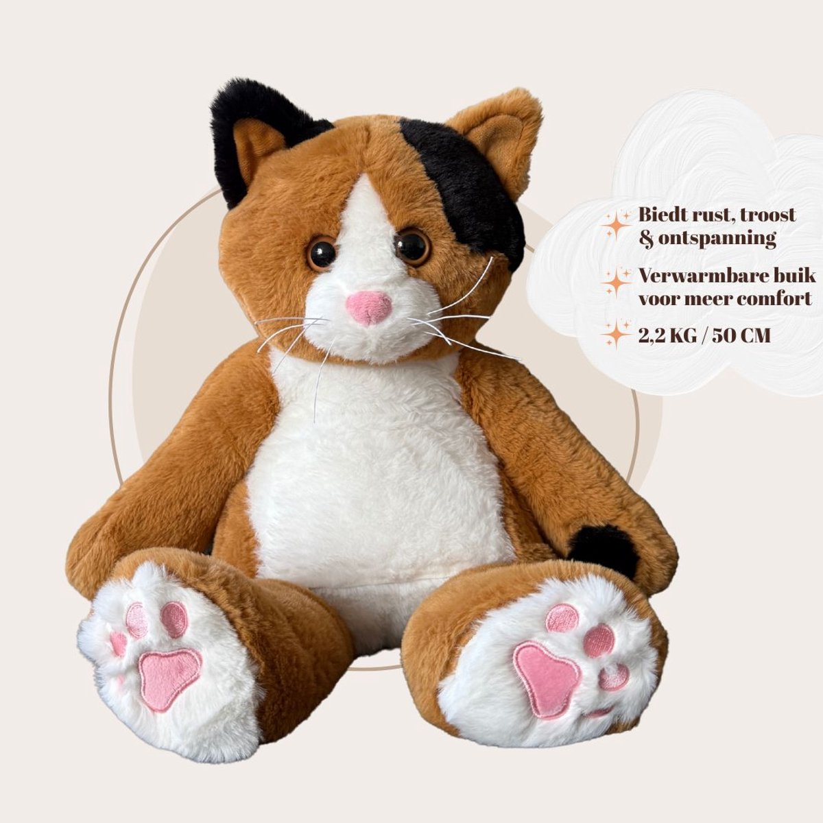 Troostmaatje Verzwaringsknuffel Kat - 2,2 kg / 50 cm - Voor Volwassenen en Kinderen - Sensorisch Speelgoed - Verwarmbare Knuffel Kat - Antistress - Inclusief Verwarmbaar Pittenzakje 14x9 cm