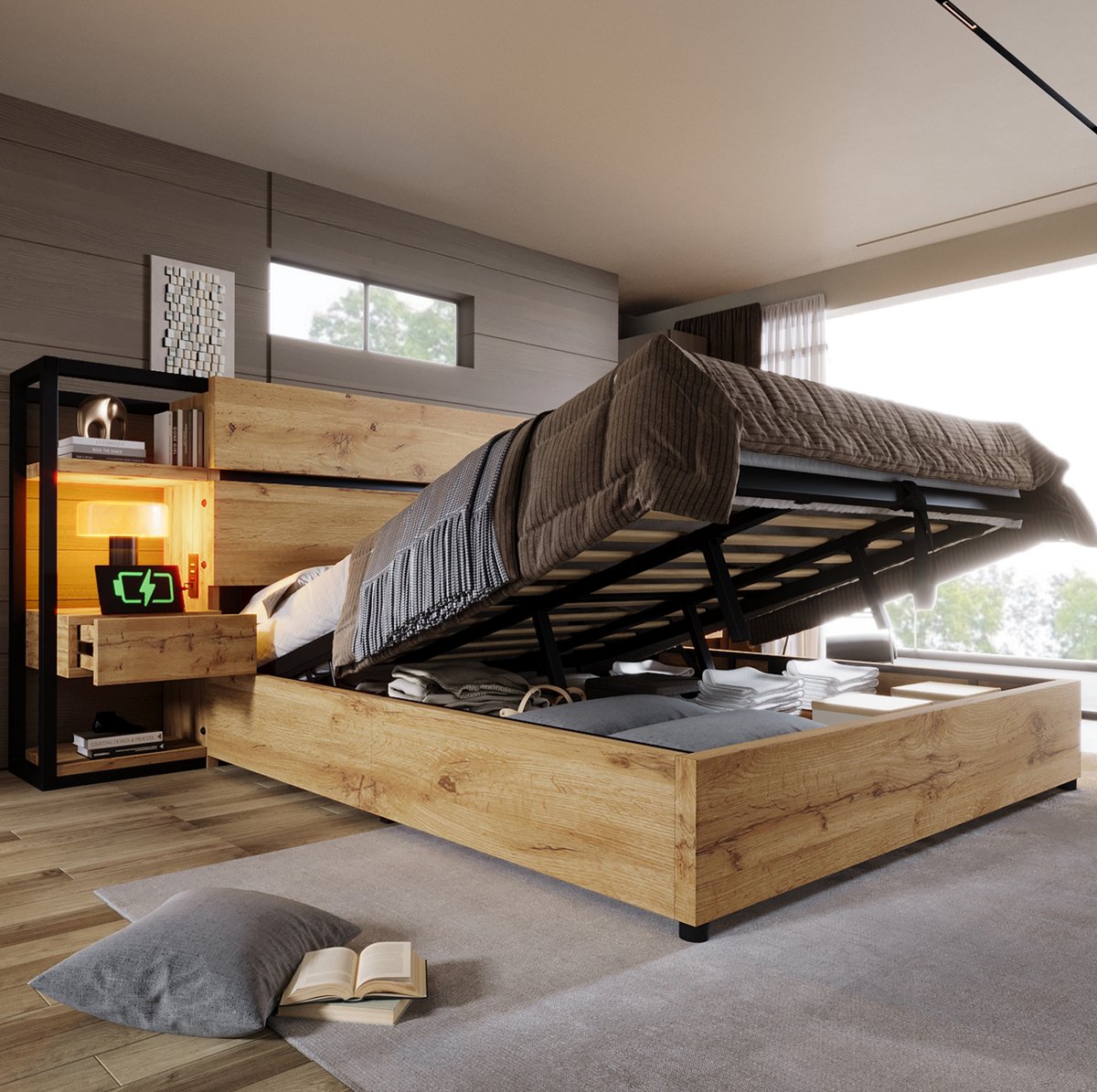 COVREO Tweepersoonsbed met opberglades en USB-laadpunt – 180x200 cm – Bedframe met industrieel design – Eiken zwart – zonder matras
