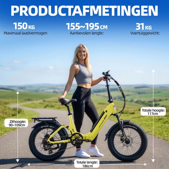 TTGO F7 Elektrische Fiets - 250W Motor - 48V15Ah Accu - 20 Inch Banden Vouwfiets - Max Snelheid 25km/u - Max Bereik 100-120 km - Shimano 7 Versnellingen - Mosterdgeel van TTGO — afbeelding 3