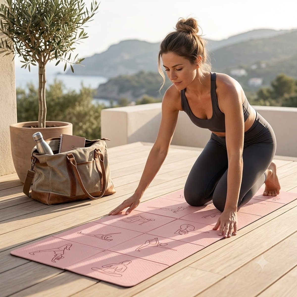 Roze opvouwbare Pilates mat yoga mat unisex 183 x 61 cm 4 mm dik antislip TPE fitness mat reis yogamat voor yoga pilates stretching thuis fitness draagbare trainings mat thumbnail 3