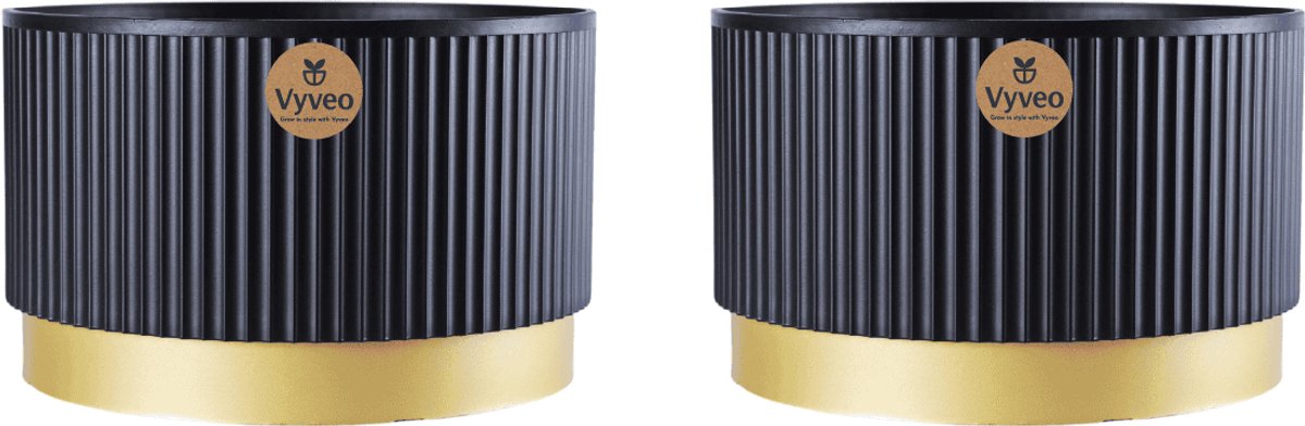Vyveo - Bloempot Aro - Set van 2 - 35x22 - Zwart - Bloempot voor binnen en buiten - Lichtgewicht - Breukbestendig - Vorstbestendig - UV-bestendig
