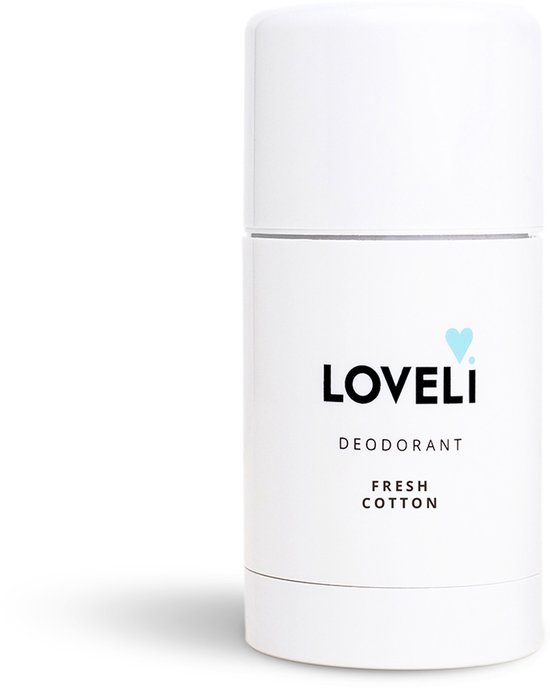 Witte deostick met 'LOVELI DEODORANT FRESH COTTON' op de voorkant.