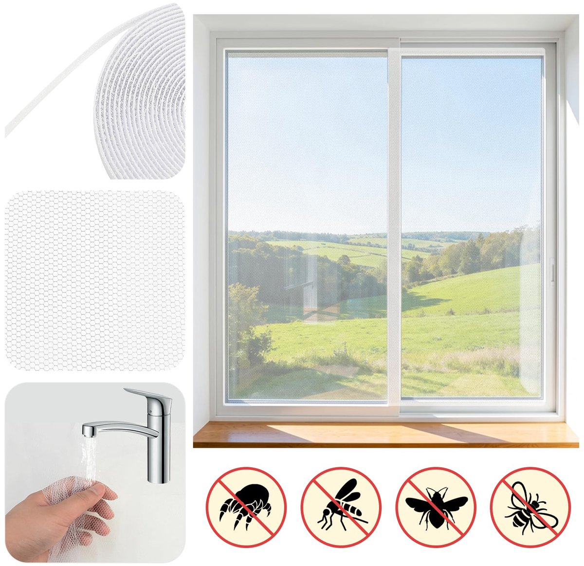 SnelShoppen - 6 Stuks Vliegenhor voor Ramen - Op Maat Te Snijden Insectenhor 130 x 150 cm - Zelfklevend met Klittenband - Effectieve Bescherming Tegen