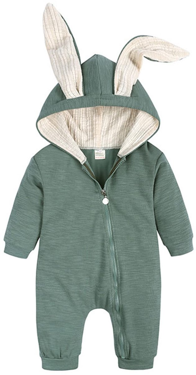 SnelShoppen - Verve Jelly Babypakje, Onesie voor Kinderen, Katoenen Romper met Konijnenoren, Lange Mouwen, Ritssluiting, Groene Pyjama voor Baby's 0-1