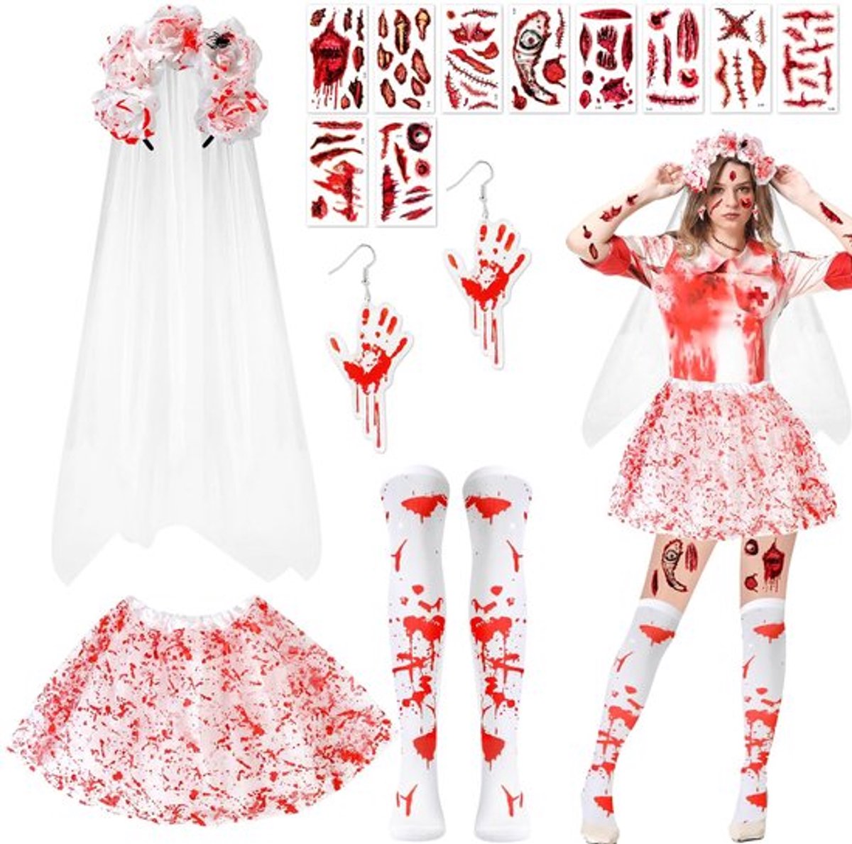 Bruid Kostuum - Halloween Zombie Bruid - Tutu Rok met Bloedvlekken - Sluier - Hoge Kousen - Accessoires Set - Macabere Look
