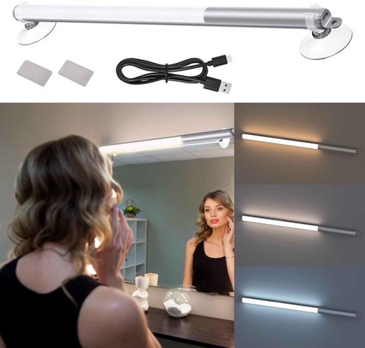 Make-uplamp Dimbaar - Draagbare Make-uplamp - 35 cm - LED Verlichting - Warm/Wit Licht - USB Oplaadbaar - Inclusief Batterijen - Make-upverlichting