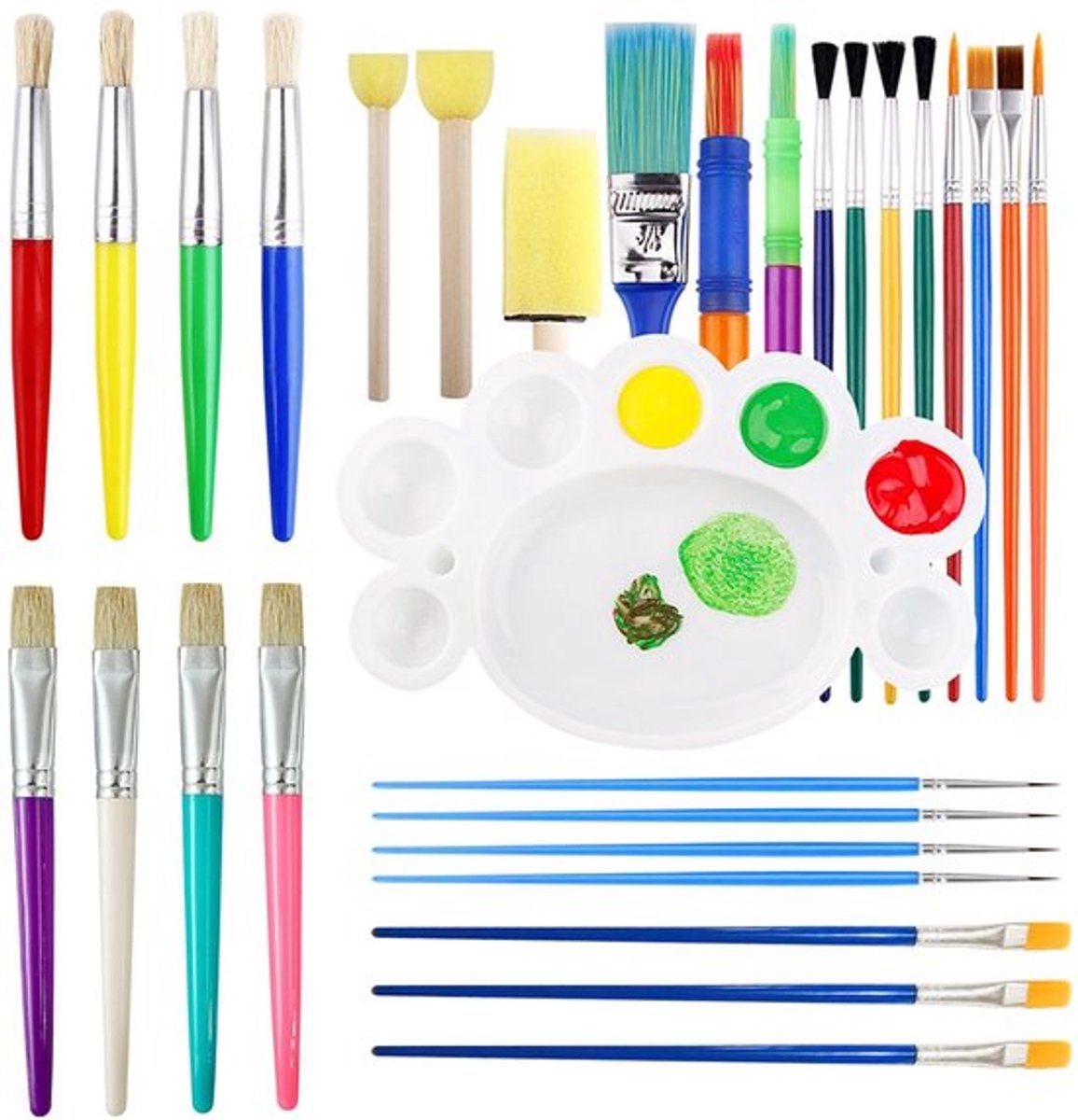 Schilderpenselen Set van 30 - Kleurrijke Penselen - Verschillende Maten - Verfpaletten - Hoogwaardige Borstels - Creativiteit Stimuleren - Verfpenselen