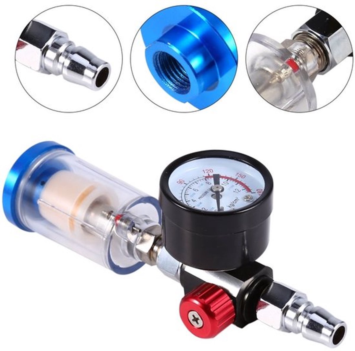 Luchtdrukregelaar - Waterfilter - Compressorfiltregulator - Luchtdrukmeter - In-line olie/water scheider - Aluminium legering - 0-140 psi/10 bar - Luchtfilter