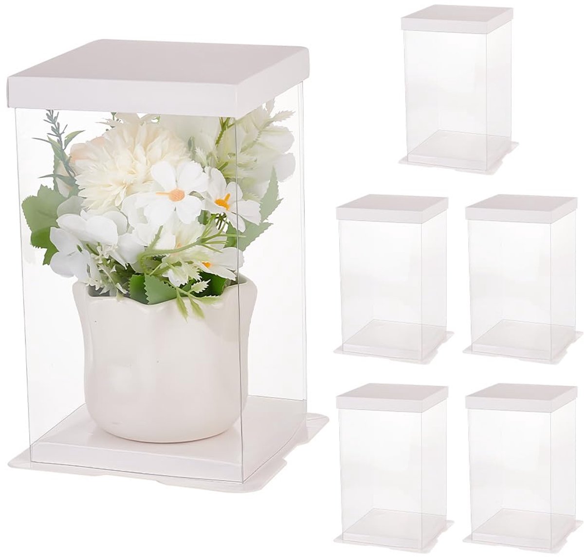 SnelShoppen - 6 Stuks Vouwbare Transparante Cadeau Dozen met Deksel 15.2x15.2x23.5cm - Witte Plastic Geschenken Dozen voor Bruiloft, Feest, Verjaardag
