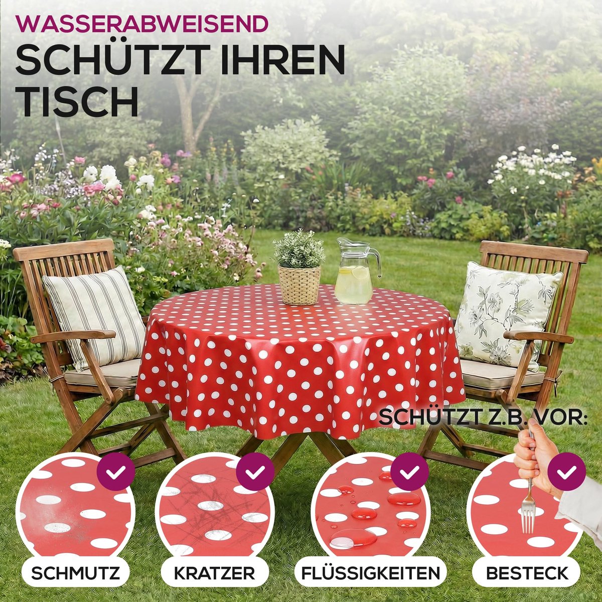 SnelShoppen - Rood Witte Stippen Wasdoek Tuintafelkleed ROND OVAAL Hoekig, Afwasbaar, Rechthoekig 140 x 240 cm, Perfect voor Feesten, Tuin, Camping