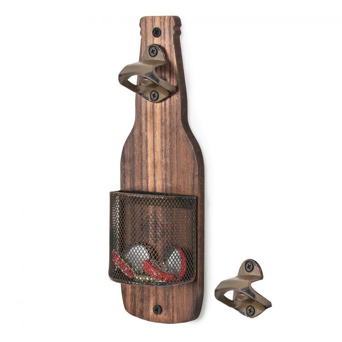 Vintage houten flesopener - Wandflesopener - Flesdopverzamelaar - Geschikt voor keuken, tuin en buiten - Rustieke houten bieropener