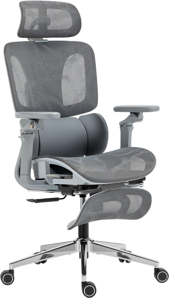 ECTEATOY® Ergonomische Bureaustoel - Mesh Kantoorstoel met 6D Armleuningen & Voetensteun - Zitdiepte Aanpasbaar - Grijs