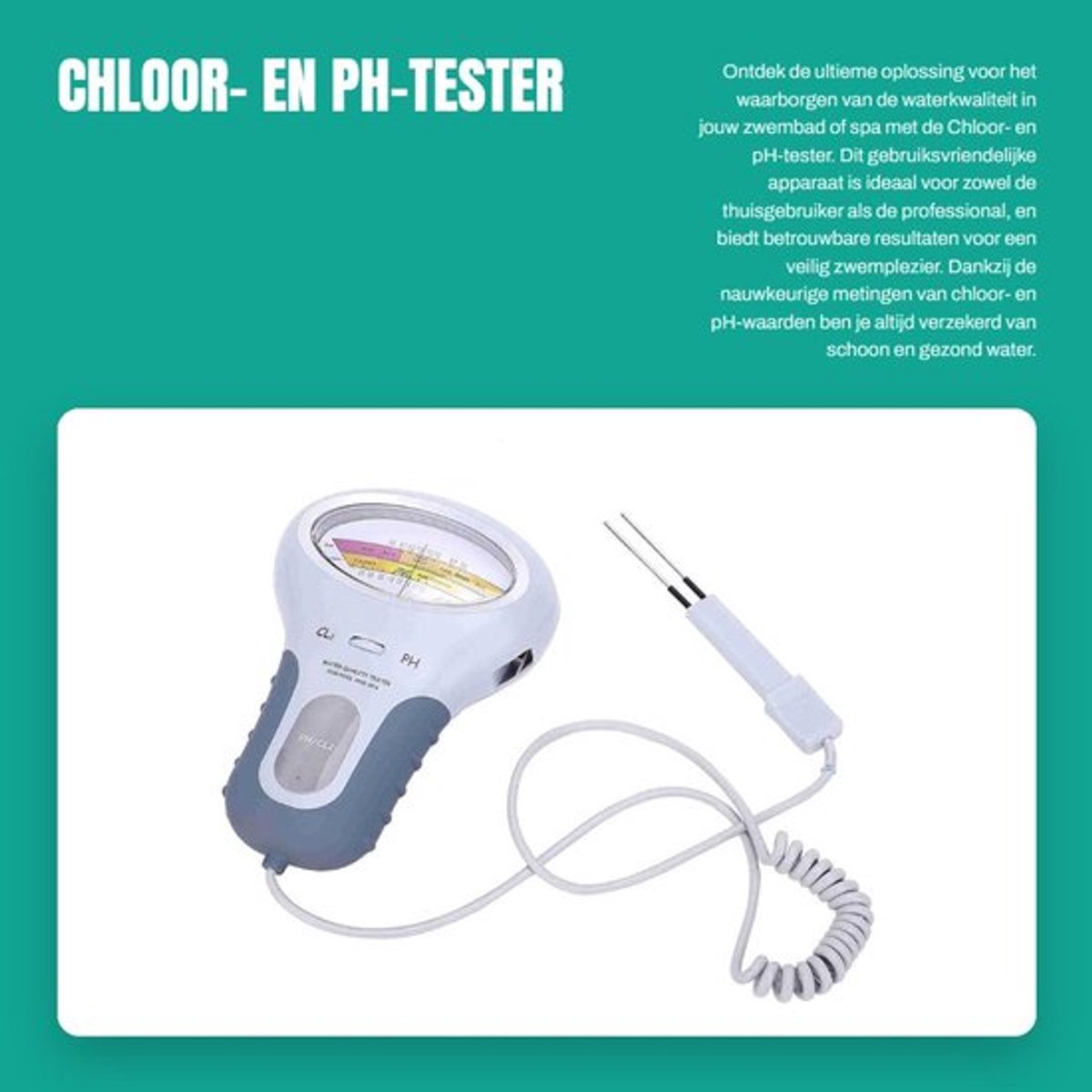 pH-tester met sonde - Chloor-/pH-tester - Waterkwaliteitsanalysator - Compact - Voor zwembad/spa - Kalibratie met 1,5 ppm chloor - Waterkwaliteitstest